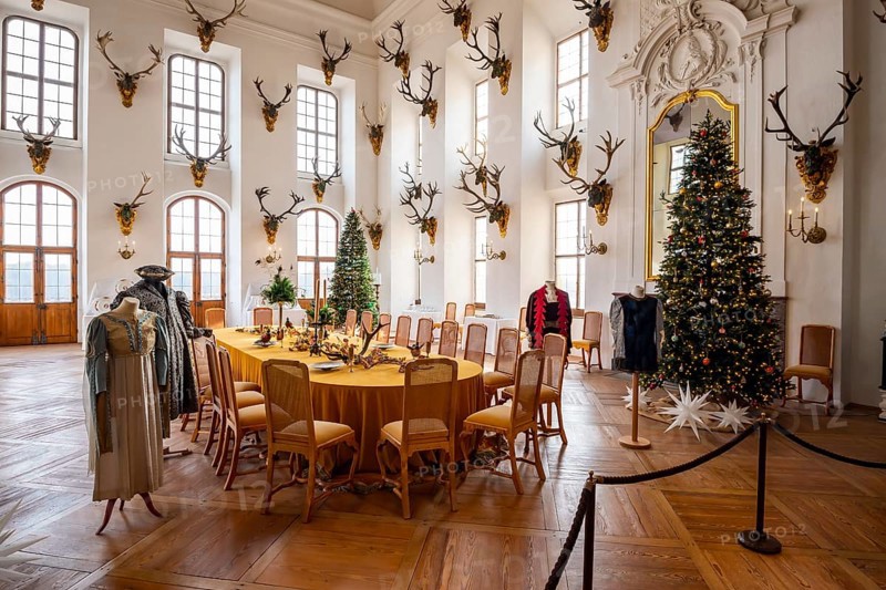 Castle Moritzburg, interior, dining hall, banqueting hall, Christmas, Dresden, Saxony, Germany, Europe