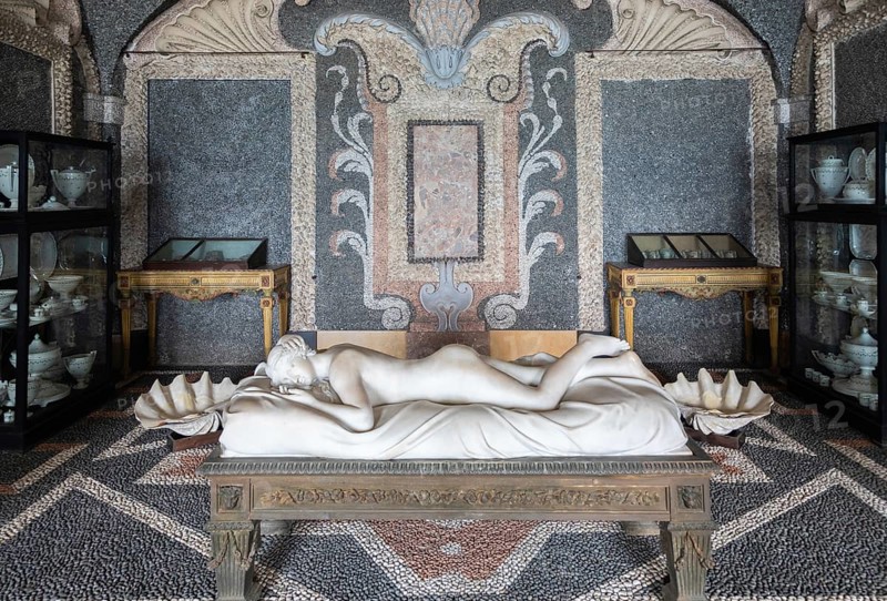 Isola Bella, Italy, 01 August 2023: Sleeping Venus by Giovanni Battista Monti, 1789, white marble, Greek style statue, Europe