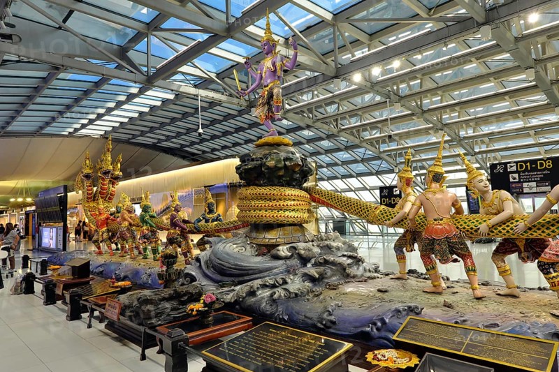 Group of figures from Thai mythology Scene of the Churning of the Milk Ocean in the departure area of Bangkok Suvarnabhumi Airport, Bangkok, Thailand, Asia
