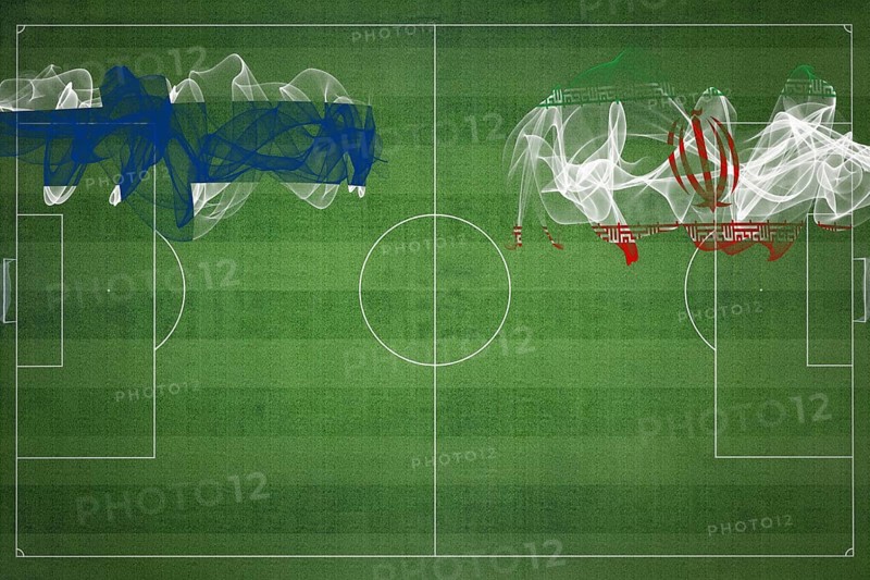 Finland vs Iran Soccer Match, national colors, national flags, soccer field, football game, Competition concept, Copy space