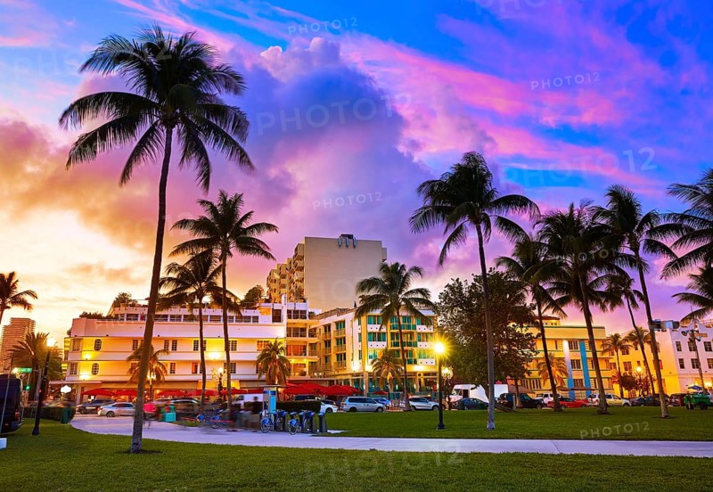 Miami Beach South Beach sunset in Ocean Drive Florida Art Deco