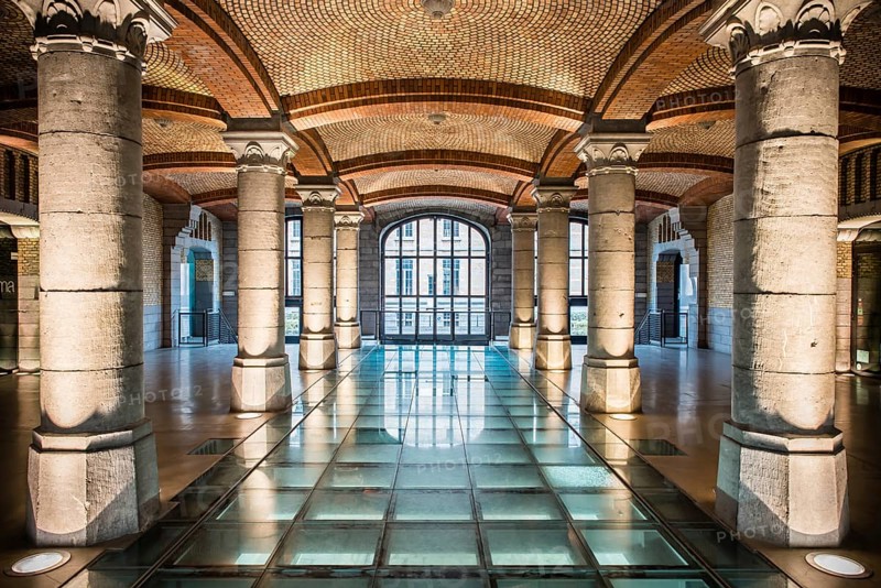 Art nouveau symmetric interior of the Royal Depot of Tour and Taxis, Brussels, Belgium, Europe
