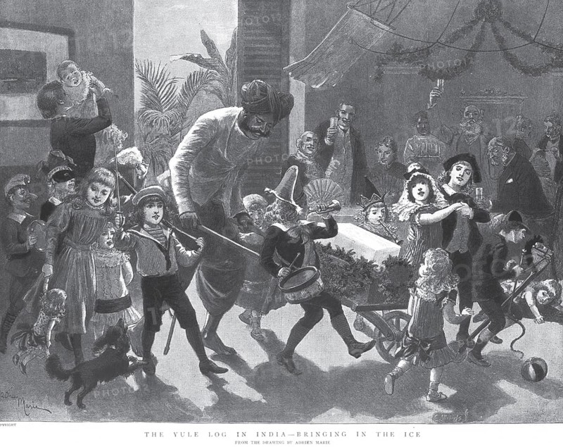 General Views The Yule Log in India Bringing in Ice, India, Asia