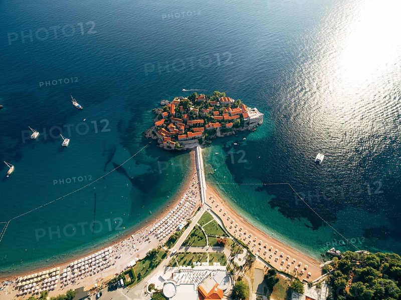 Aerial view of the beaches near the island of Sveti Stefan. Montenegro.