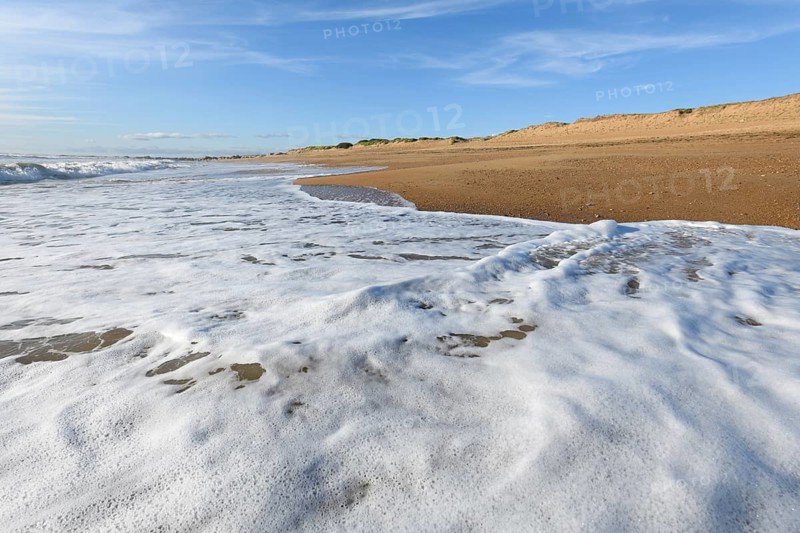 Sea foam on the beautiful sand Atlantic ocean beach in France