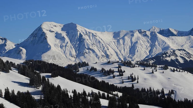 Mount Albristhore and snow covered mountains near Lenk, Switzerland, Europe