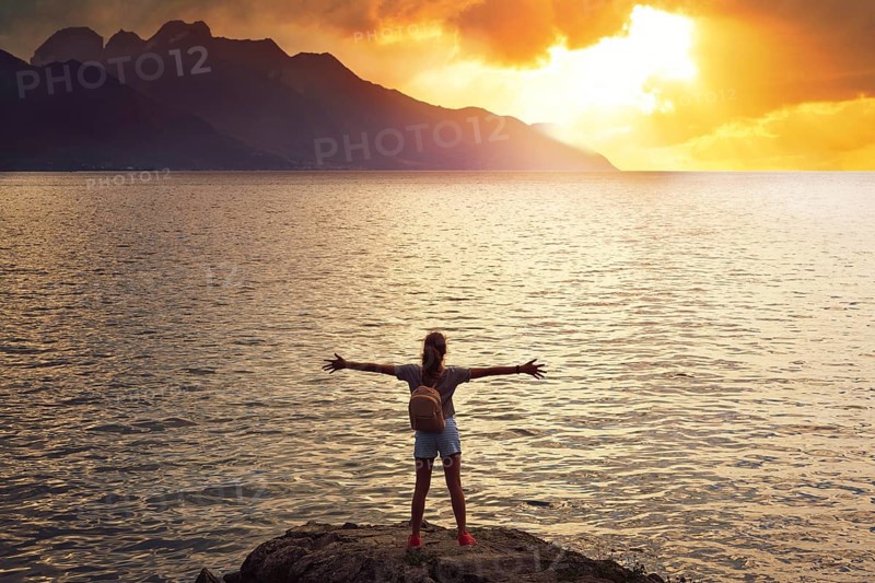 Geneve Lake Leman Geneva backpack tourist girl Switzerland Swiss