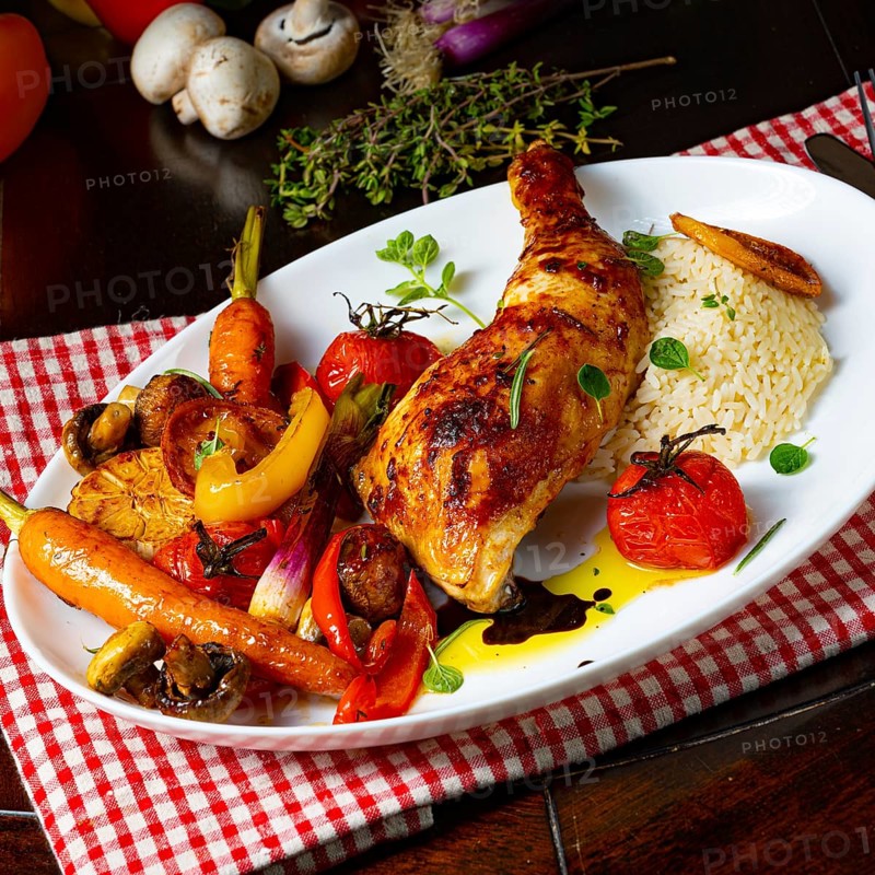 Rustic fried chicken legs with assorted vegetables and rice