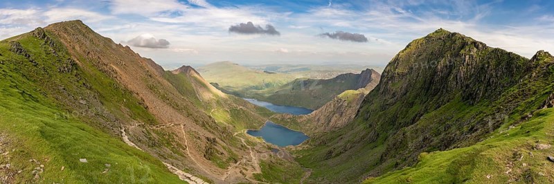 View from the Llanberis Path, Snowdonia, Gwynedd, Wales, UK, looking northeast at Garnedd Ugain, Glaslyn, Llyn Llydaw and Mount Snowdon