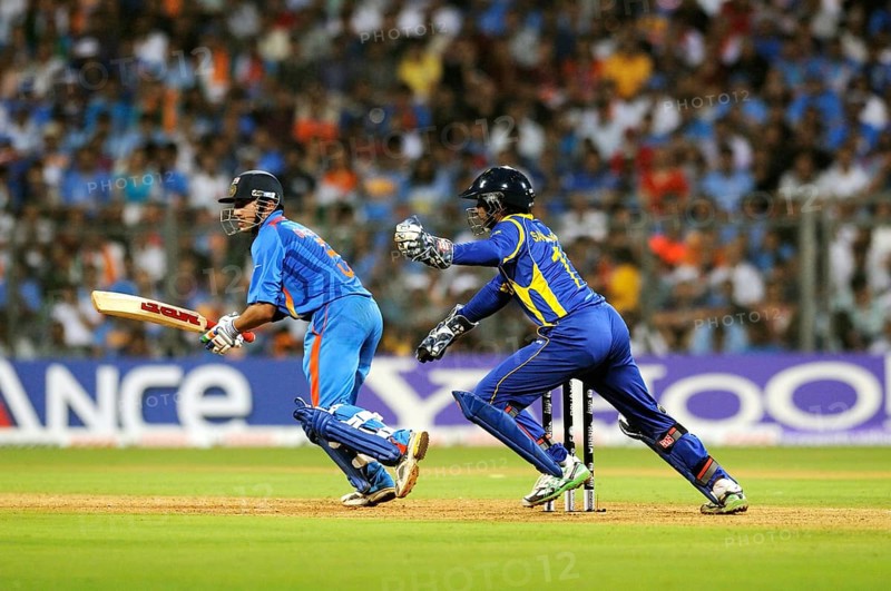 Batsman Gautam Gambhir plays shot Sri Lankan wicketkeeper Sangakkara tries ball 2011 ICC World Cup Final Wankhede Stadium