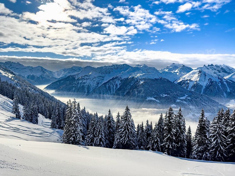 Snow-covered winter landscape in the Silvretta Montafon ski area in Vorarlberg, Austria, Europe