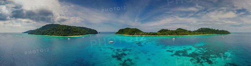 Aerial panorama view of beauty nature landscape with beach, corals and sea on tropical Koh Rok island, Thailand, Asia