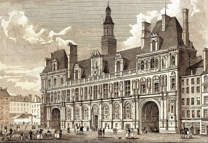 Hôtel de Ville, Paris, antique steel engraved print, 1831