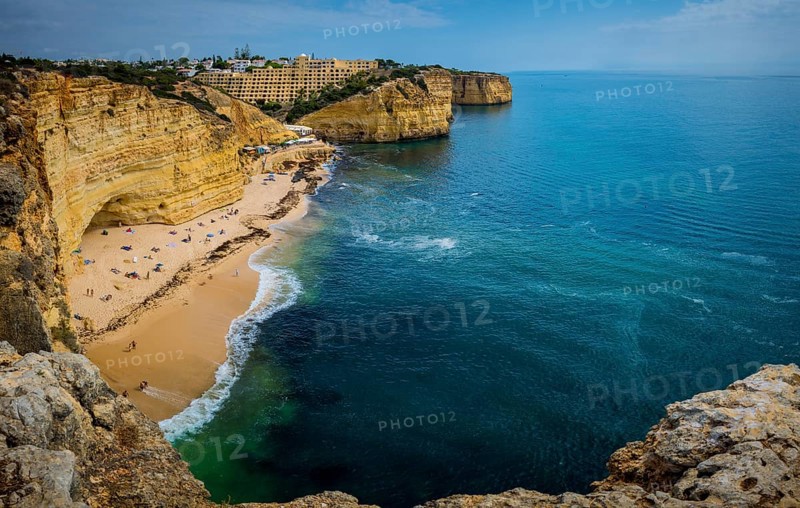 Carvoeiro, Portugal, September 2022: High angle view on Praia do Vale de Centeanes on the coast of Algarve, Portugal, Europe