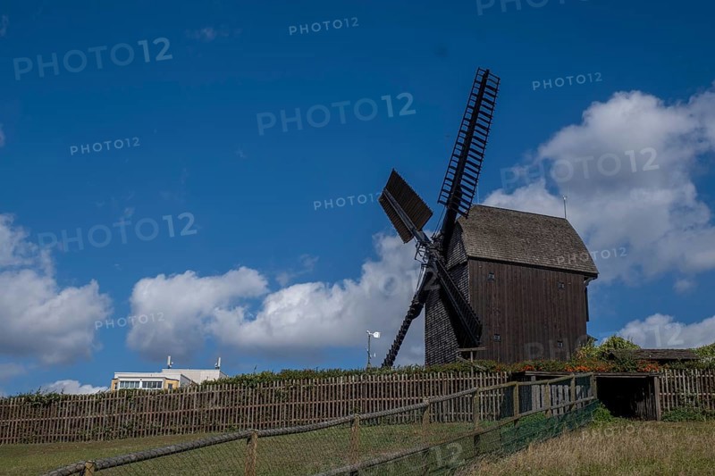 Germany, Berlin, 19.09.2023, Marzahner Bockwindmühle, a trestle windmill in Berlin-Marzahn, the name of the mill type says it all: the mill house stands vertically on a single thick beam, the house tree, which ends just above the ground. The house beam is supported by a four-footed trestle. This allows the mill, which is more than 14 metres high, to be rotated through 360 degrees. Wooden bollards are placed around the mill. They mark the minimum distance so that nobody is hit by the rotating wind blades, which have a span of around 20 metres. 01, Europe