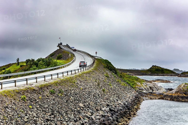 The famous Atlantic road in Norway. Road to nowhere. Terrible weather. Rain, wind and cold in July