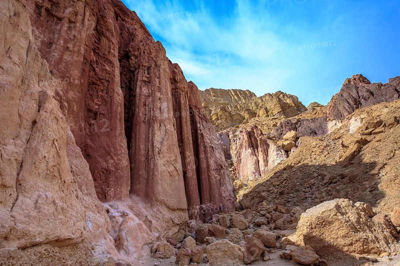 The majestic natural Amram pillars of pink sandstone. Warm January day in Eilat, Israel, Asia