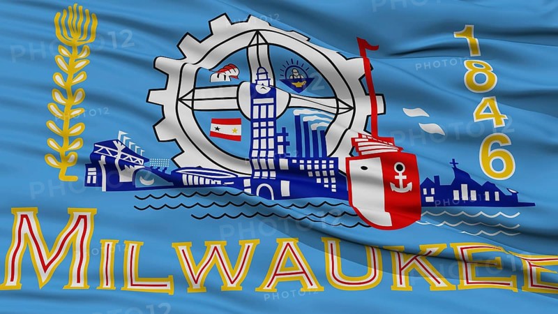 Closeup of Milwaukee City Flag, Waving in the Wind, Wisconsin State, United States of America