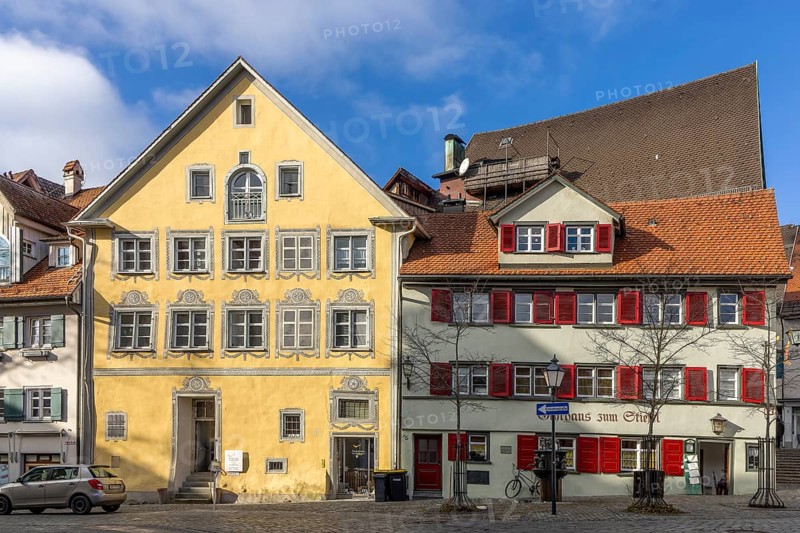 Two buildings and the donkey fountain on Eselbergstraße, Wangen im Allgäu, Baden-Württemberg, Germany, Europe