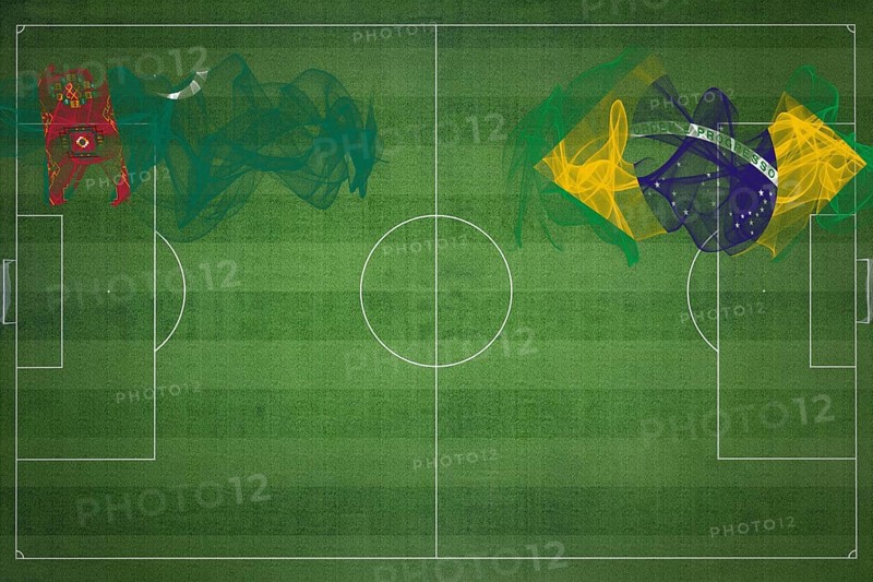 Turkmenistan vs Brazil Soccer Match, national colors, national flags, soccer field, football game, Competition concept, Copy space