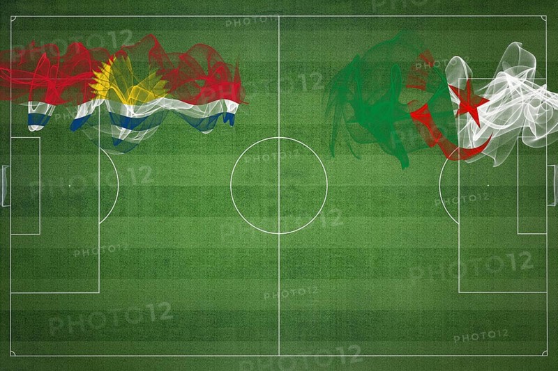 Kiribati vs Algeria Soccer Match, national colors, national flags, soccer field, football game, Competition concept, Copy space