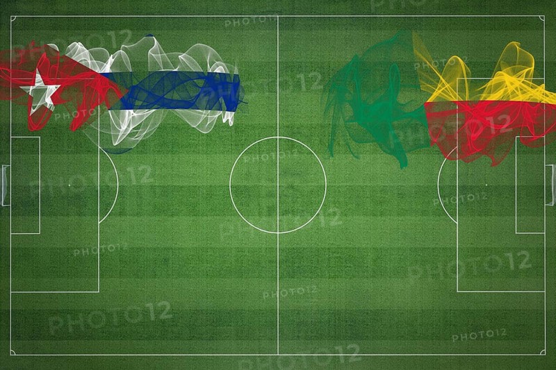 Cuba vs Benin Soccer Match, national colors, national flags, soccer field, football game, Competition concept, Copy space