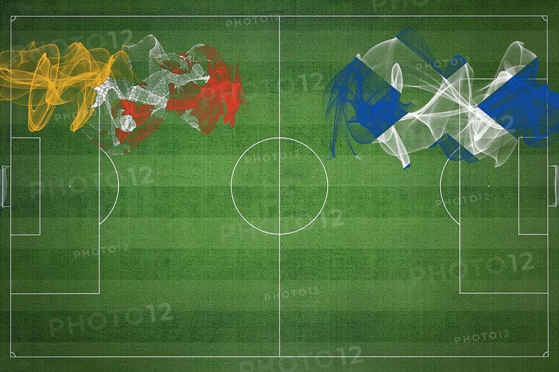 Bhutan vs Scotland Soccer Match, national colors, national flags, soccer field, football game, Competition concept, Copy space