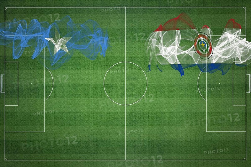 Somalia vs Paraguay Soccer Match, national colors, national flags, soccer field, football game, Competition concept, Copy space