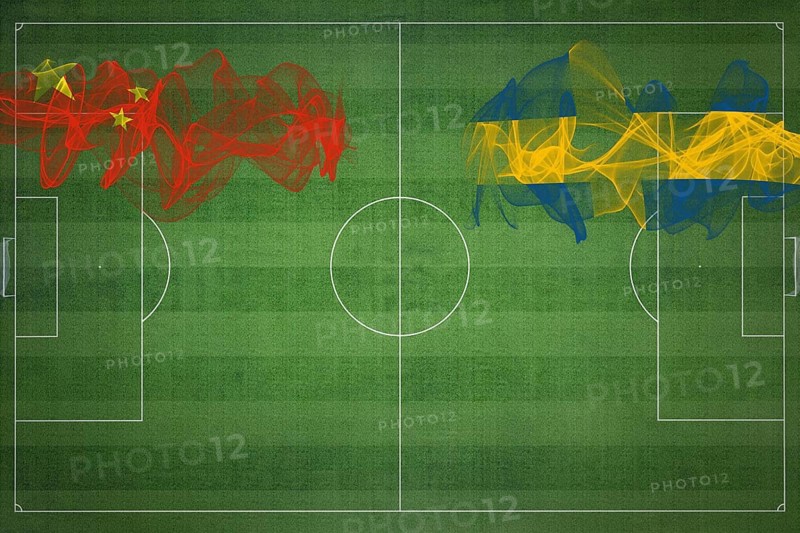 China vs Sweden Soccer Match, national colors, national flags, soccer field, football game, Competition concept, Copy space