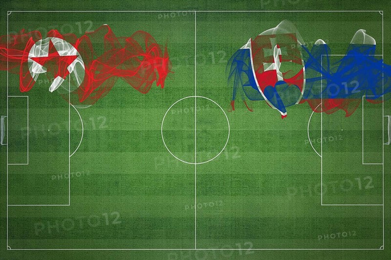 North Korea vs Slovakia Soccer Match, national colors, national flags, soccer field, football game, Competition concept, Copy space