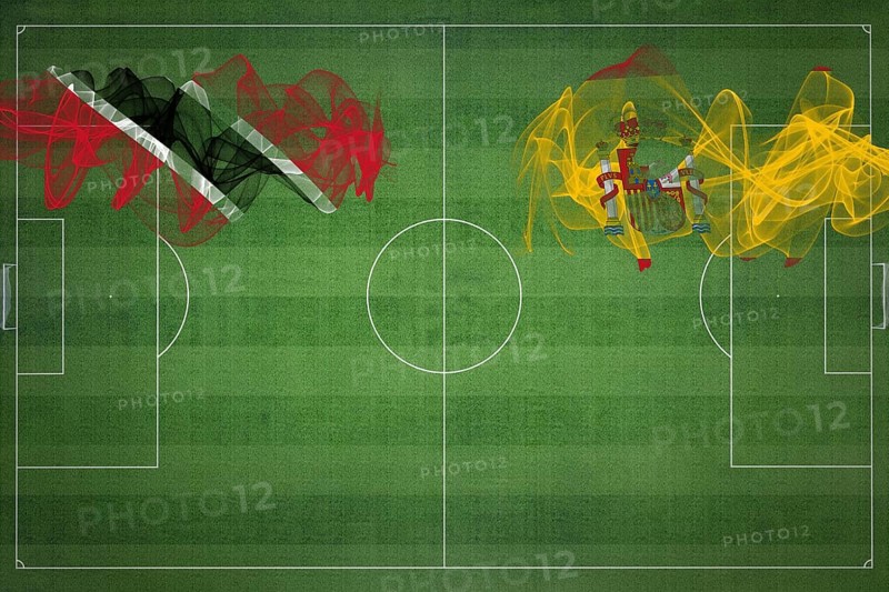 Trinidad and Tobago vs Spain Soccer Match, national colors, national flags, soccer field, football game, Competition concept, Copy space
