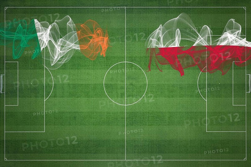 Ireland vs Poland Soccer Match, national colors, national flags, soccer field, football game, Competition concept, Copy space