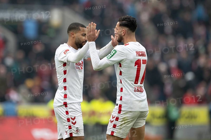 (DFL/DFB REGULATES PROHIBIT ANY USE OF PHOTOGRAPHS AS IMAGE SEQUENCES AND/OR QUASI-VIDEO), RheinEnergieStadion, Cologne, North Rhine-Westphalia, Linton Maina (1.FC Köln, Midfield, #37), Leart Pacarada (1.FC Köln, Defence, #17), 2nd Bundesliga, 1.FC Köln, Hamburger SV on 09.02.2025 at RheinEnergieStadion in Cologne Germany