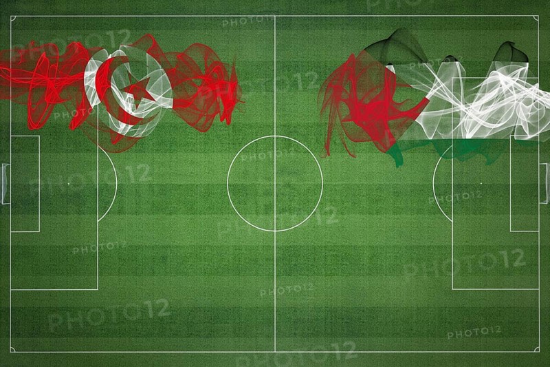 Tunisia vs Palestine Soccer Match, national colors, national flags, soccer field, football game, Competition concept, Copy space