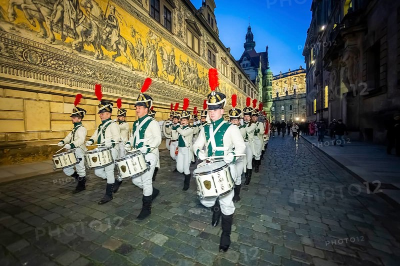 The world champion of marching bands, the Radeberger Spielmannszug, opens the Dresden Winter Festival with a parade, Dresden, Saxony, Germany, Europe