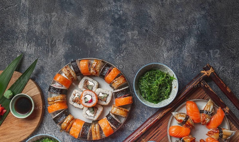 Food, Food, Sushi and rolls sets. Japonese food. top view