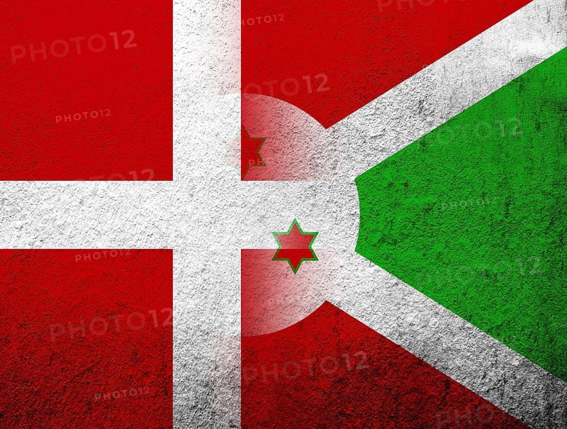 The Kingdom of Denmark National flag with The Republic of Burundi National flag. Grunge Background