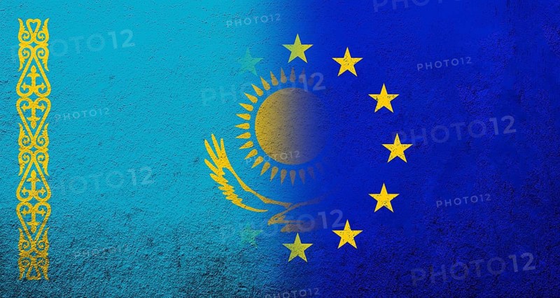 Flag of the European Union with Kazakhstan National flag. Grunge background