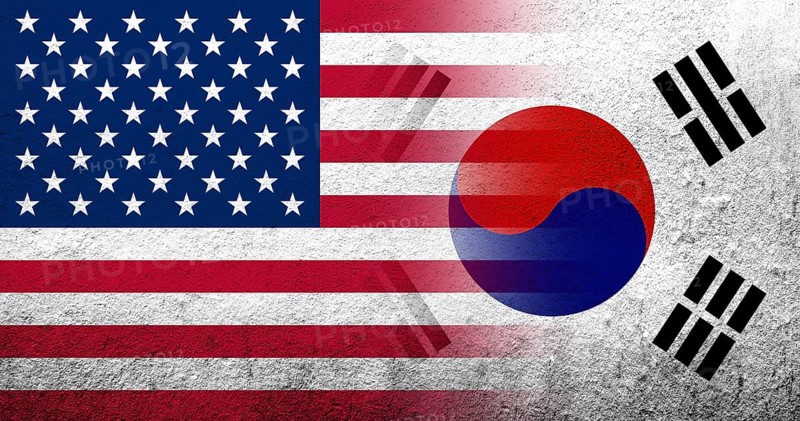 United States of America (USA) national flag with National flag of South Korea. Grunge background
