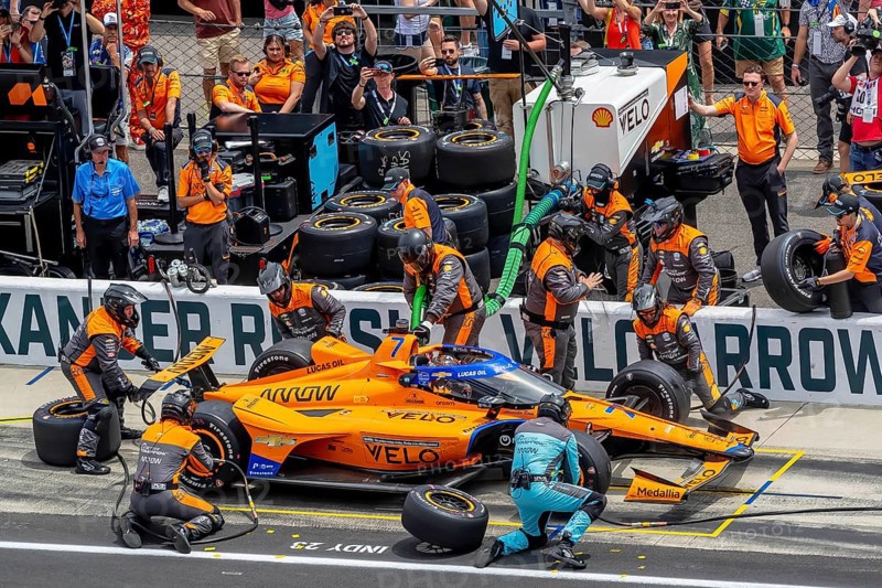 INDYCAR driver, ALEXANDER ROSSI (7) of Nevada City, California, brings his Arrow McLaren Chevrolet in for service during the Indianapolis 500 at the Indianapolis Motor Speedway in Indianapolis, IN, USA, North America