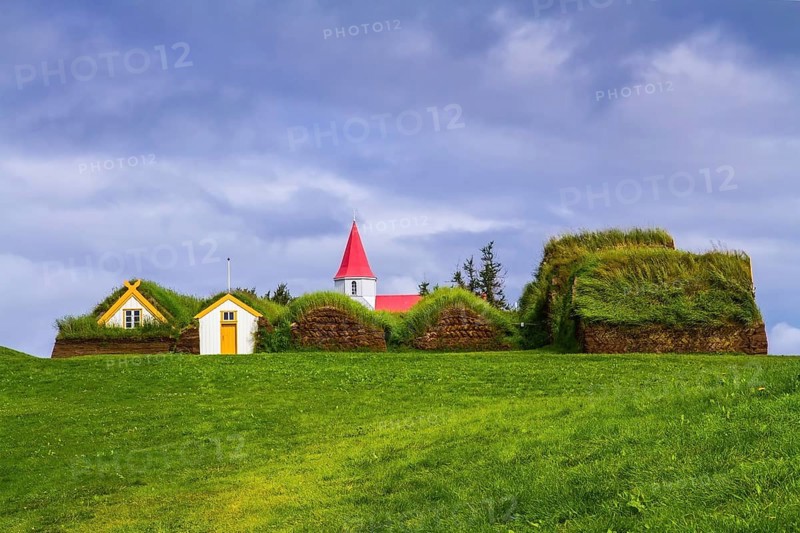 The village ancestors. The reconstituted village early settlers in Iceland. Roofs of houses covered with turf and grass