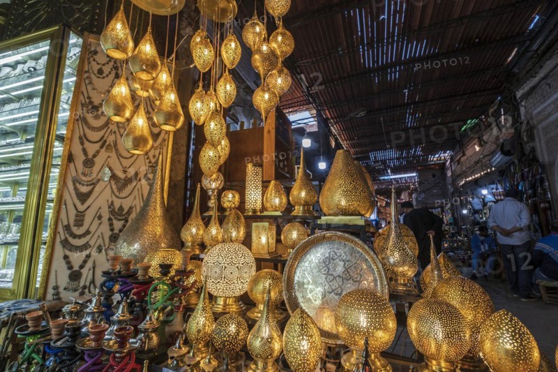 Worked brass lamps, souk street, marrakesh, morocco