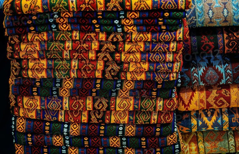 Traditional Turkish rug textile with patterns in bazaar