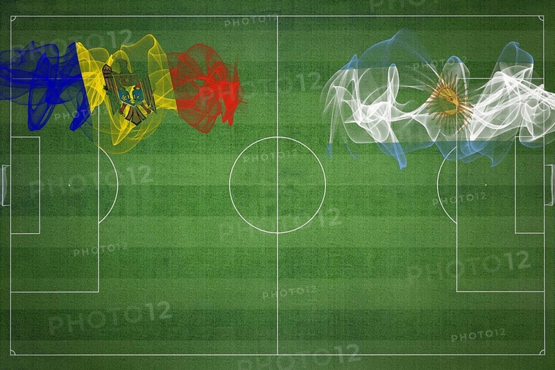 Moldova vs Argentina Soccer Match, national colors, national flags, soccer field, football game, Competition concept, Copy space