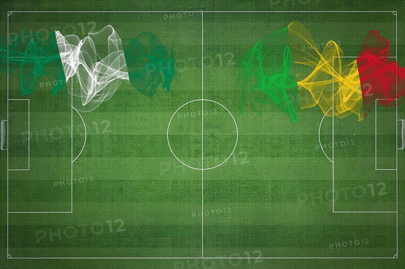 Nigeria vs Mali Soccer Match, national colors, national flags, soccer field, football game, Competition concept, Copy space