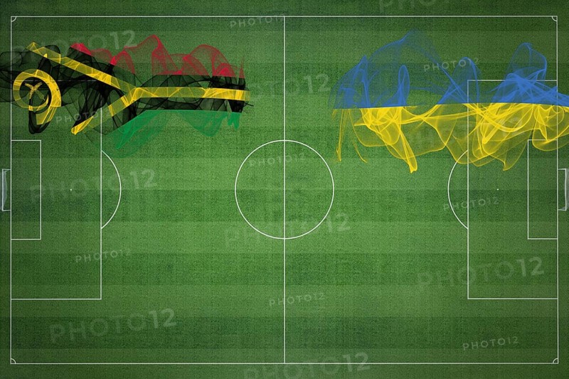 Vanuatu vs Ukraine Soccer Match, national colors, national flags, soccer field, football game, Competition concept, Copy space