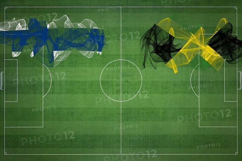 Finland vs Jamaica Soccer Match, national colors, national flags, soccer field, football game, Competition concept, Copy space