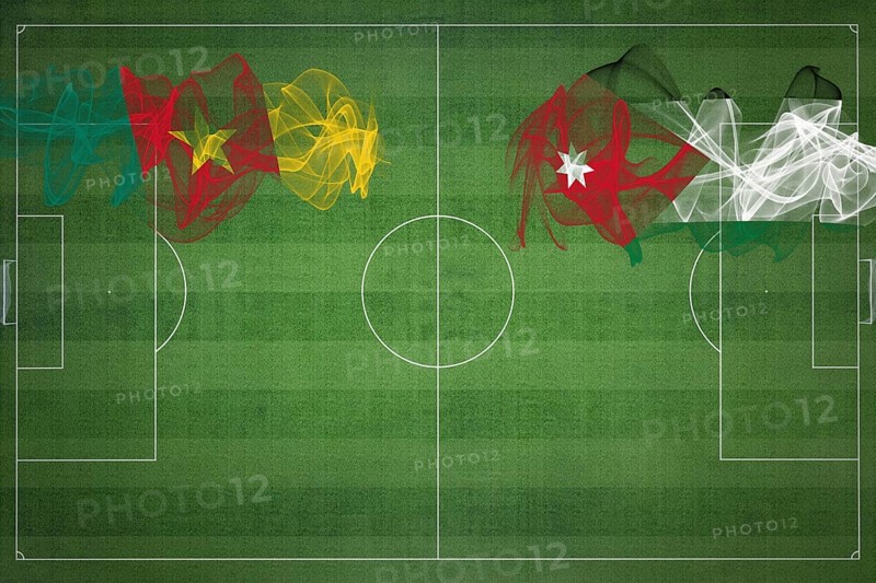 Cameroon vs Jordan Soccer Match, national colors, national flags, soccer field, football game, Competition concept, Copy space