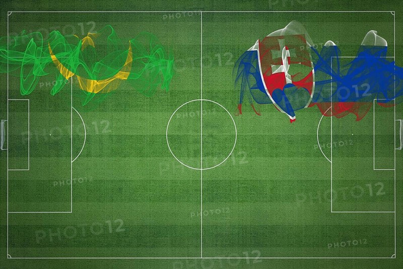 Mauritania vs Slovakia Soccer Match, national colors, national flags, soccer field, football game, Competition concept, Copy space