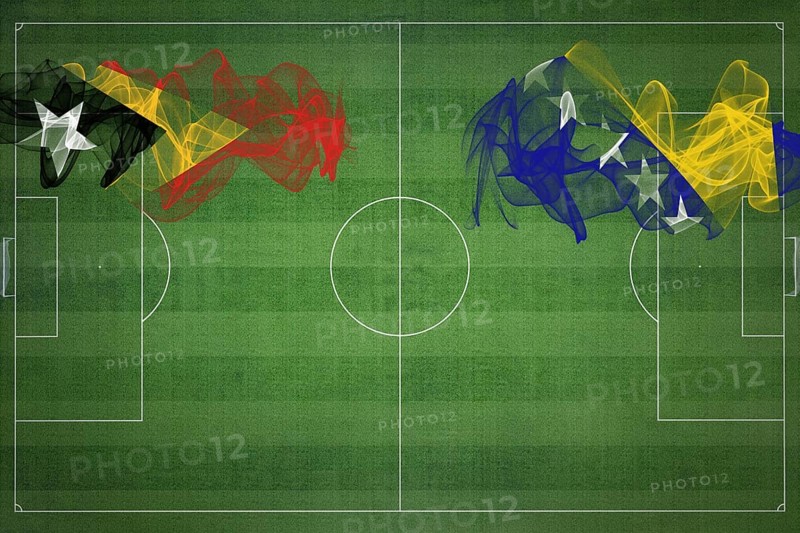 East Timor vs Bosnia and Herzegovina Soccer Match, national colors, national flags, soccer field, football game, Competition concept, Copy space